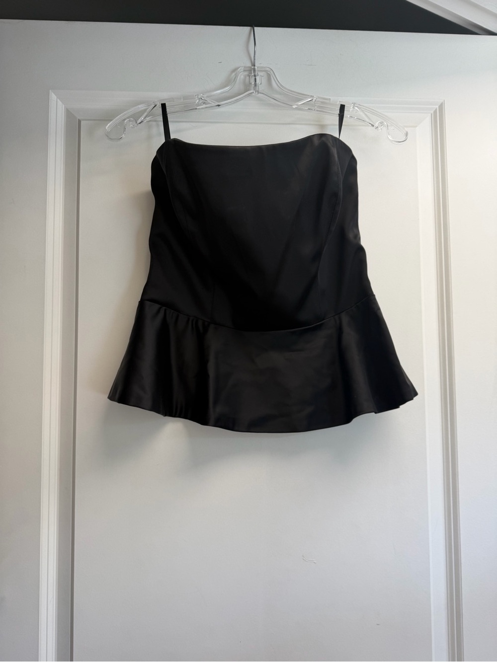 bebe strapless peplum Black Top with Gold Zipper Detail